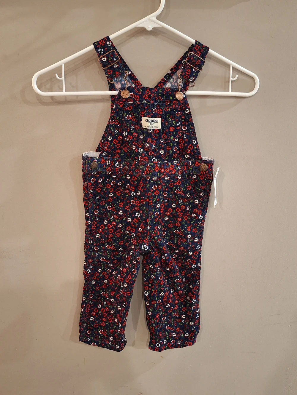 OshKosh B'gosh Navy Floral Corduroy Overalls Red and Green Flowers 12 Months